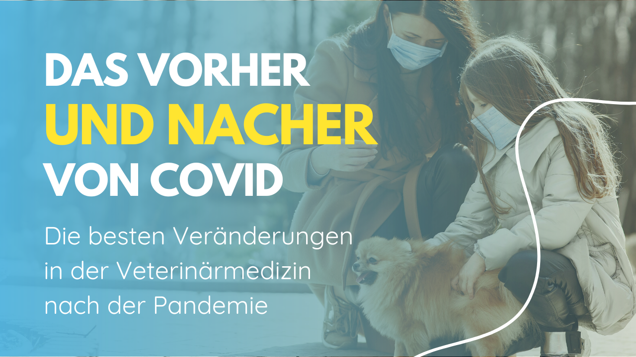 Eine Frau und ein Mädchen mit Masken, die einen Hund streicheln, thematisieren Veränderungen in der Tiermedizin nach der COVID-Pandemie