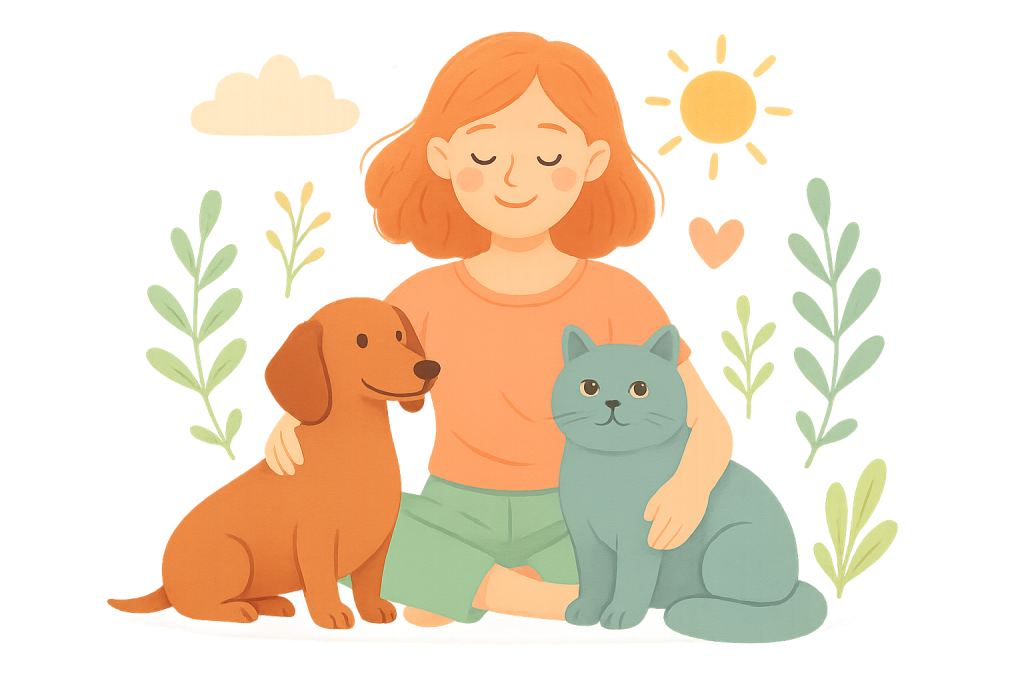 Dachshund, Britisch-Kurzhaar-Katze und ihre Besitzerin sitzen zusammen auf dem Boden, umgeben von sanften Pastellfarben und natürlichen Symbolen des Wohlbefindens wie Pflanzen und Sonne.